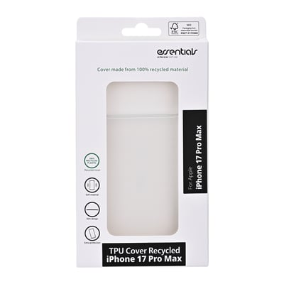 Emballagen til et transparent TPU-bagcover til iPhone 17 Pro Max med Essentials-logo og synligt cover.