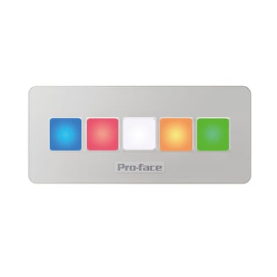 Schneider Electric Pro-face enhed med fem farvede LED-knapper: blå, rød, hvid, orange og grøn, på en sølvgrå baggrund.