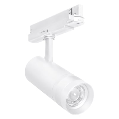 Hvidt LEDVANCE Tracklight Spot Zoom skinnespot med cylindrisk lampehoved og 3-faset skinneadapter.