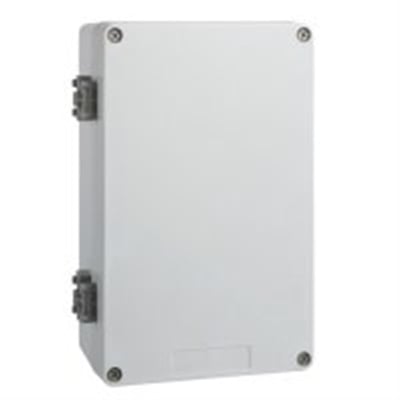 Schneider Electric Trykknapkasse XAPA1100 i grå polyester, 85x146mm, uden huller, vist med lukket låg og monteringsbeslag på siden.