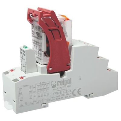 Komplet relæ med 4C/O, 6A, 24VAC fra Relpol type GZP4, monteret i push-in sokkel med rød låsemekanisme og integreret LED-modul.