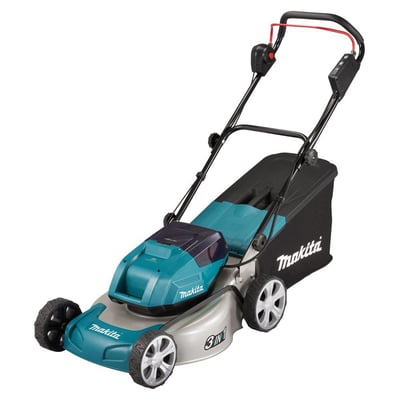 Makita akku plæneklipper 2x18V 5,0Ah, set fra siden med fokus på batteridæksel og '3in1' mærkat.