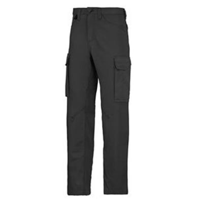 Bagfra visning af Snickers Workwear servicebukser i sort, str. 048, med rene linjer og integrerede lommer.