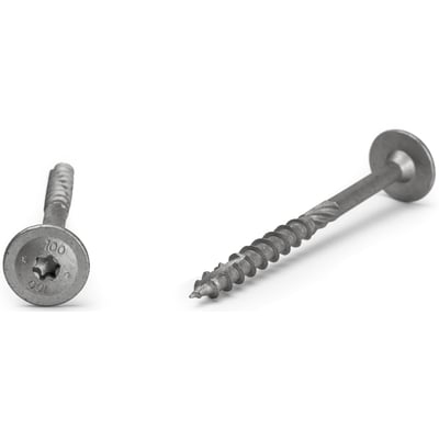 Tallerkenskrue 6,0 x 50 mm med C3-belægning og TX-kærv set fra hovedet og fra siden på hvid baggrund.