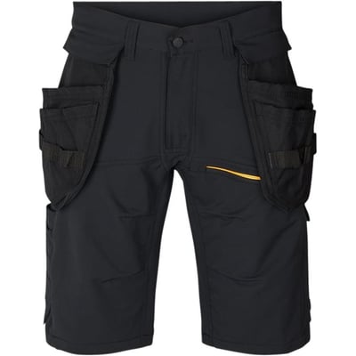 Kansas Evolve 132074 arbejdsshorts i sort med mange praktiske lommer og gul detalje ved den ene lynlås.