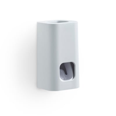 HeFe SEVENTY tandpastadispenser i hvid plast, vist fra siden monteret på en hvid væg.