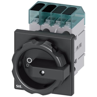 Siemens 3LD3 hovedafbryder med 32A, 3-polet + N og roterende drev i grå og sort. Synlige terminaler øverst.
