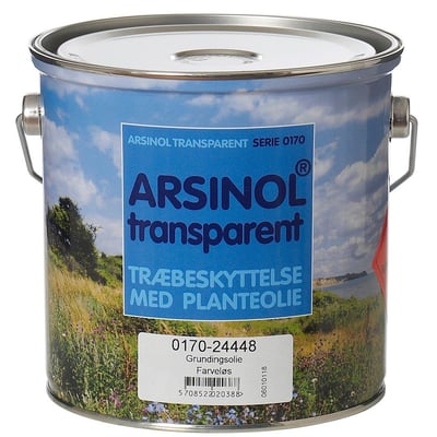 ARISOL Transparent træbeskyttelse i 2,5 liters dåse, viser mærkat med produktnummer 0170-24448 Grundingsolie.