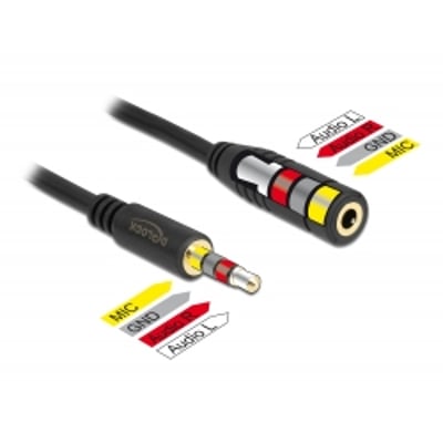 Delock sort 2 meter stereojack-forlængerkabel med 4-polet 3,5 mm han- og hunstik samt farvemarkeret forbindelsesskitse.