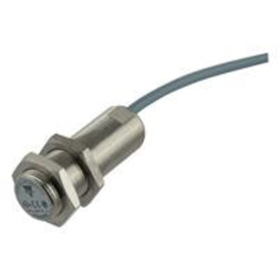 Carlo Gavazzi induktiv aftaster MS ICB18L50F08A2IO med cylindrisk metalhus, gevind og fast kabel.