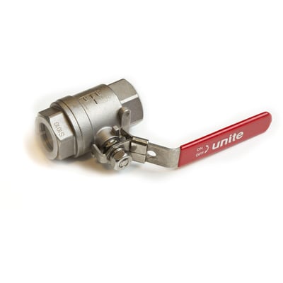 UNITE kuglehane i rustfrit stål, model W 1.4408 FB, med 2" muffe/muffe gevind og et rødt håndtag.