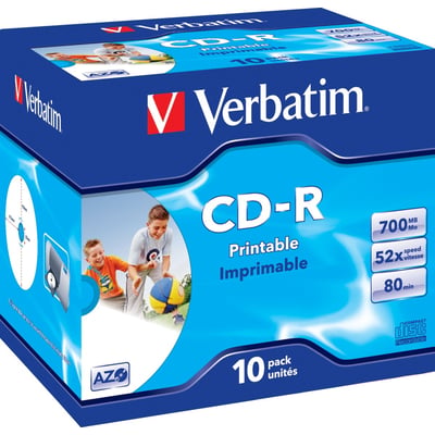 Emballagen til Verbatim printbar CD-R med 700 MB, 80 minutters optagetid og 52x indspilning, set skråt forfra.