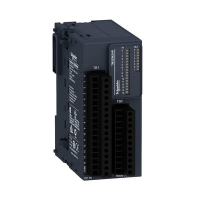 Schneider Electric TM3-modul DI16 DO8 i mørkegrå farve, vist med tydelige indgangs- og udgangsmarkeringer på hvid baggrund.