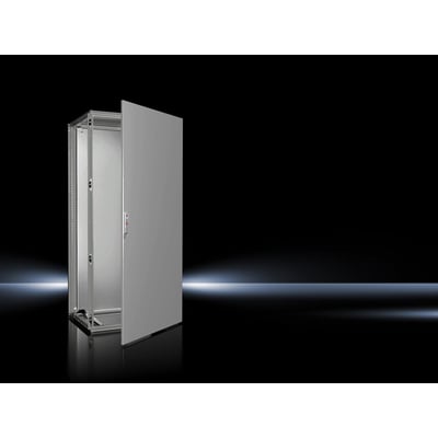 Rittal VX25 gulvskab i 800x1800x600mm, præsenteret på sort baggrund med en lysende linje, viser skabets åbne dør og grå pulverlakerede overflade.