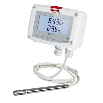 Kimo TH210-BODP/150-R, et hvidt apparat med stort display der viser 64.3% HR og 23.5 grader Celsius, med en separat sølvfarvet probe forbundet via et hvidt kabel.