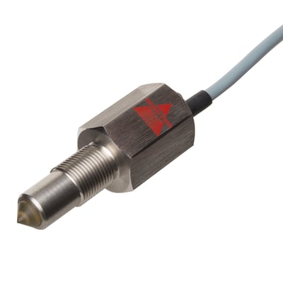 Carlo Gavazzi optisk niveauaftaster med gevind, forniklet messinghus, glas spids og fast kabel.