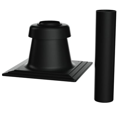 Detaljeret billede af Bosch DN110 skorstenstop i sort plast, med fokus på basen og rørdiameter.
