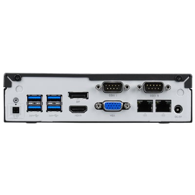 Bagsiden af Shuttle XPC Slim DL30N barebone PC med diverse porte som USB, DP, HDMI, VGA og COM-porte.