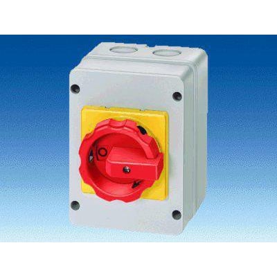 Siemens 6-polet nødafbryder, 63A, 400V i grå kunststofkapsling med rød drejeknap og gul betjeningsplade.