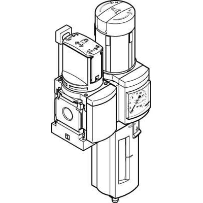 Festo luftbehandlingskombination MSB6-1/2:C3J4-WP, en serviceenhed med trykmåler og filter i en teknisk tegning.