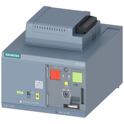 Siemens 3VA9 motoroperatør SE0520 i grå plast, med knapper til reset, trip og valg af indstillinger, samt stik og markeringer.