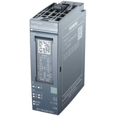 Siemens SIMATIC ET 200SP TM Pulse modul med 2x24V pulsbreddemodulation og puls output på hvid baggrund.