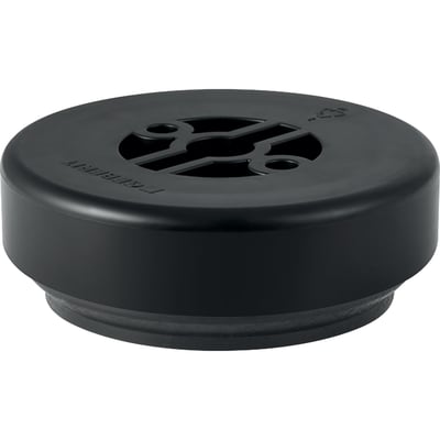 Geberit 110 mm sort PEH dæksel med gevind til afløbsrør, vist forfra med tydeligt logo og monteringshuller.