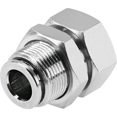 Festo skotforskruning NPQH-H-G18F-Q6-P10 i metal, med synlige gevind og en 5mm nominel størrelse. Den er klar til montage.