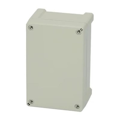 Lukket Fibox Tempo kasse TPC191209, 187x122x90 mm, i lys grå polycarbonat med fire synlige skruer på det grå dæksel.