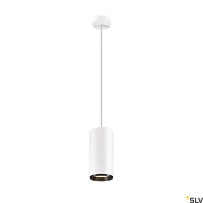 SLV NUMINOS XL pendel i hvid og sort med cylindrisk skærm, lang ophængsledning og indbygget LED.