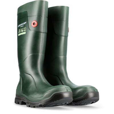 Dunlop gummistøvle 600033 Purofort FieldPro i str. 36, mørkegrøn PU, vist forfra på hvid baggrund.