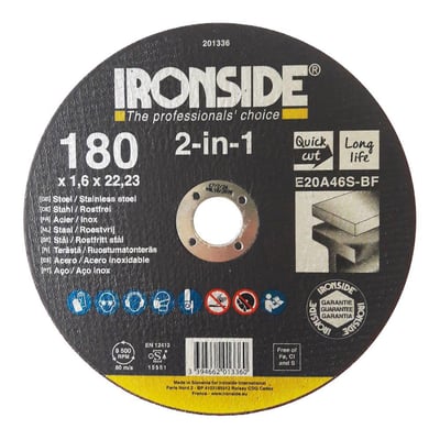 Ironside 2-in-1 skæreskive, rund og sort med gul kant, 180 x 1,6 mm, til stål og rustfrit stål.