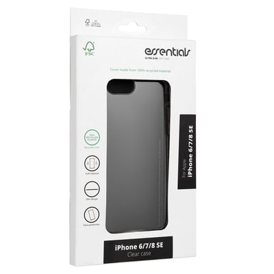 Essentials Ultra Slim Soft Case til iPhone 6/7/8/SE i transparent genanvendt TPU-plastik, vist i emballage med FSC mærke.