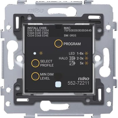 Niko smart lysdæmper med Zigbee protokol viser indstillingsmuligheder som program, select profile og min dim level samt produktnummer 552-72211.