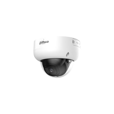 Dahua 8MP Smart Dual Light dome-netværkskamera med 2,8 mm linse, set skråt forfra med sort kuppel.
