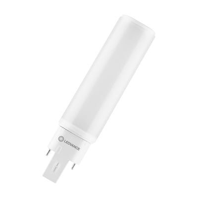 Ledvance DULUX LED D/E kompaktrør med hvidt rør og G24q-2-sokkel, vist skråt med stifterne synlige.