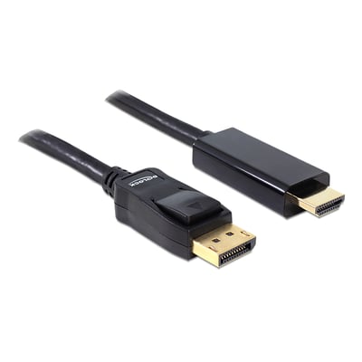 Sort DeLock DisplayPort til HDMI-A-kabel på 1 meter med begge stik synlige, set skråt fra oven.