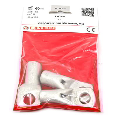 Elpress Cu-rørkabelsko KRF70-12 til 70mm² ledere med M12 laske, leveres i pose med 3 stk.
