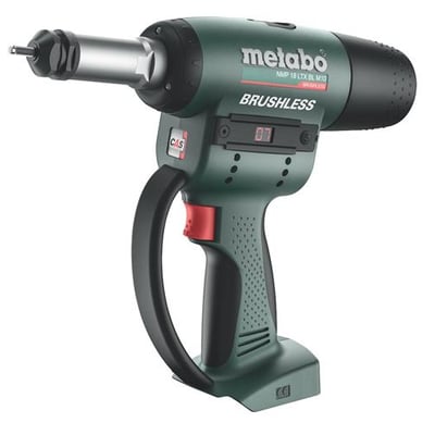 Metabo NMP 18 LTX BL M10 akku-blindnittemøtrikpistol i grøn og sort med display og greb.