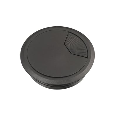 Schneider bordgennemføringsflange Ø80 mm i sort plast med en justerbar drejelig åbning på hvid baggrund.