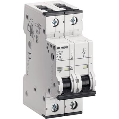 Siemens SENTRON 5SY4208-7 er en hvid, 2-polet automatsikring med sorte vippegreb, C-karakteristik og 8 A.