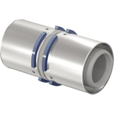Tæt på Uponor S-Press Plus muffe til 63mm rør med blå preskapper, der fremhæver monteringsdetaljer og plastmaterialet.