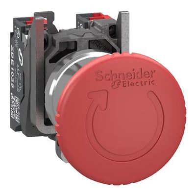 Schneider Electric nødstop i rød med tryk/drej funktion, 40mm diameter og 2NC kontakter.