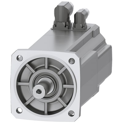 Siemens SIMOTICS S-1FK2 HI servomotor med 12 Nm moment og cylindrisk aksel D24x50 mm, monteret med to vinklede stik på den grå metaloverflade.