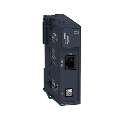 Schneider Electric TM3-Busmodul, Sender (TM3XTRA1) med fokus på den mørkeblå enheds højre side med en CN1-port.