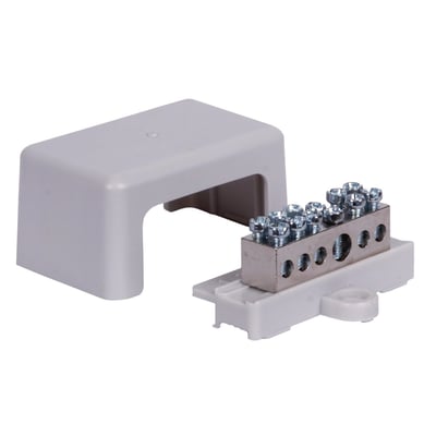 Pollmann Elektrotechnik PAS 6 potentialudligningsskinne med sokkel og cover, vist med skinnen foran det aftagne cover.
