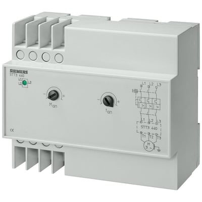 Siemens 5TT3 440 softstarter i grå plast med 3-faset motoranslutning og justeringsskruer for startmoment og opløbstid.