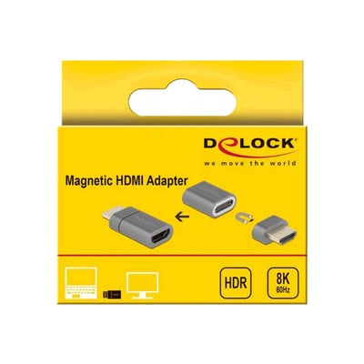 DeLOCK magnetisk HDMI-adapter i grå plast på gul emballage, understøtter 8K 60Hz.