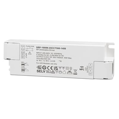 Hvid Envilar RF LED-paneldriver til CCT, 45 W, med tilslutningsdæksler og mærkning på forsiden.