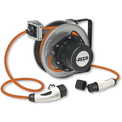 Kabelopruller fra Zeca til elbiler, 11kW, med Type-2 stik og 8 meter orange kabel. Viser vægbeslag og stik detaljer.